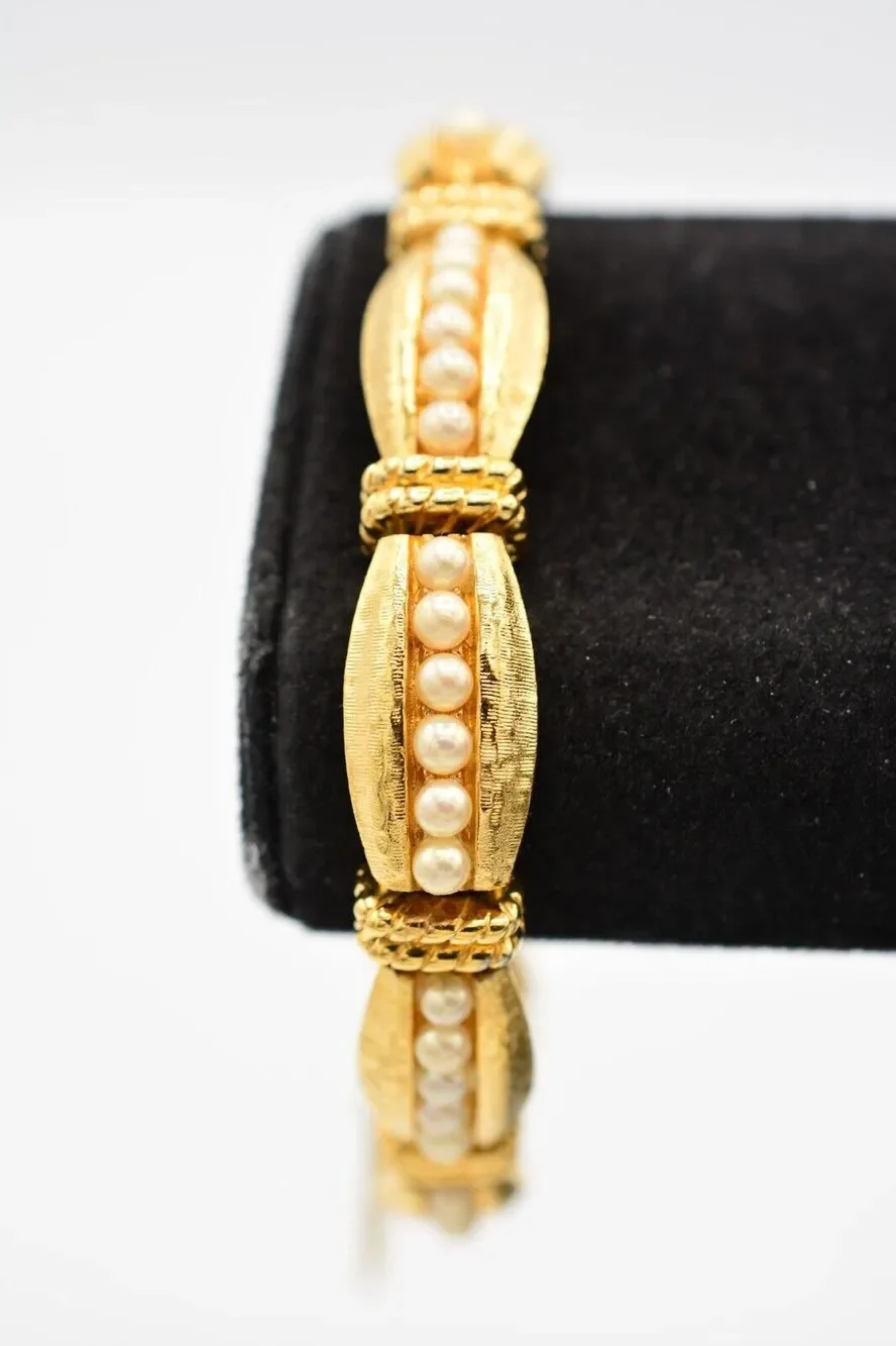 Vintage Linked Bracelet Brushed Gold Tone Pearl Inlay Chunky Heavy 1980s Bin5